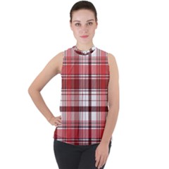 Red Abstract Check Textile Seamless Pattern Mock Neck Chiffon Sleeveless Top by Wegoenart