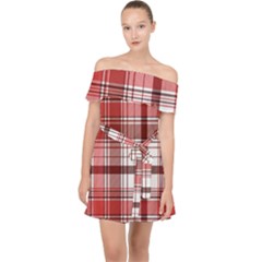 Red Abstract Check Textile Seamless Pattern Off Shoulder Chiffon Dress