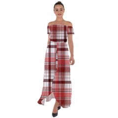 Red Abstract Check Textile Seamless Pattern Off Shoulder Open Front Chiffon Dress