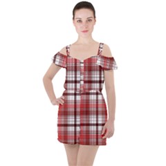 Red Abstract Check Textile Seamless Pattern Ruffle Cut Out Chiffon Playsuit