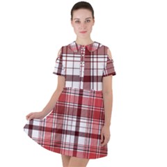 Red Abstract Check Textile Seamless Pattern Short Sleeve Shoulder Cut Out Dress 