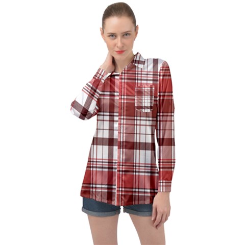 Red Abstract Check Textile Seamless Pattern Long Sleeve Satin Shirt by Wegoenart