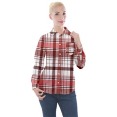 Red Abstract Check Textile Seamless Pattern Women s Long Sleeve Pocket Shirt