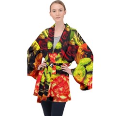 Flowers 1 1 Long Sleeve Velvet Kimono  by bestdesignintheworld