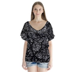 Black And White Dark Abstract Texture Print V-neck Flutter Sleeve Top by dflcprintsclothing