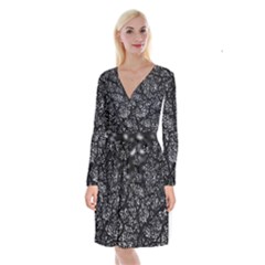 Black And White Dark Abstract Texture Print Long Sleeve Velvet Front Wrap Dress by dflcprintsclothing