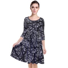 Black And White Dark Abstract Texture Print Quarter Sleeve Waist Band Dress