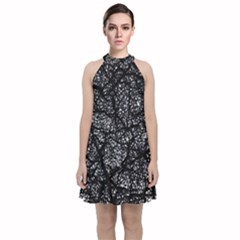 Black And White Dark Abstract Texture Print Velvet Halter Neckline Dress  by dflcprintsclothing