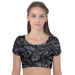 Black And White Dark Abstract Texture Print Velvet Short Sleeve Crop Top 