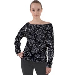 Black And White Dark Abstract Texture Print Off Shoulder Long Sleeve Velour Top