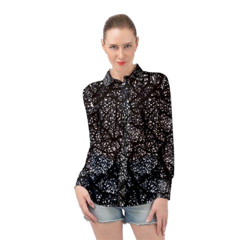 Black And White Dark Abstract Texture Print Long Sleeve Chiffon Shirt by dflcprintsclothing