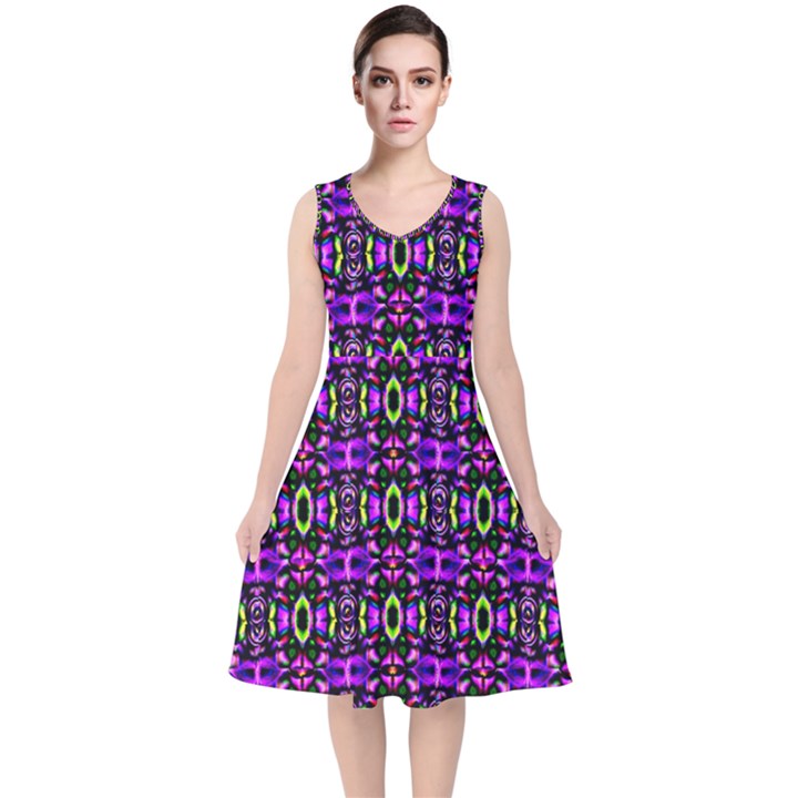 ABSTRACT-R-5 V-Neck Midi Sleeveless Dress 