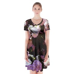 Purple Snowballs Short Sleeve V-neck Flare Dress by okhismakingart