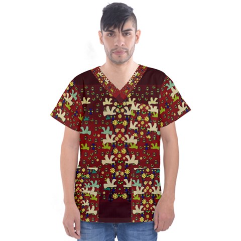 Happy Birds In Freedom And Peace Men s V-neck Scrub Top by pepitasart