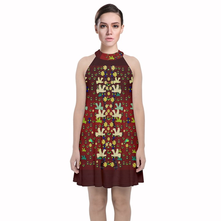 Happy Birds In Freedom And Peace Velvet Halter Neckline Dress 