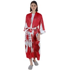 Tropical Red Flowers Maxi Satin Kimono