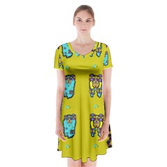 Peace People Hippie Friends And Free Living Fauna Short Sleeve V-neck Flare Dress by pepitasart