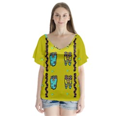 Peace People Hippie Friends And Free Living Fauna V-neck Flutter Sleeve Top by pepitasart