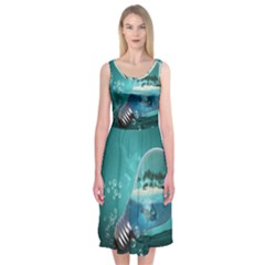 Awesome Light Bulb With Tropical Island Midi Sleeveless Dress by FantasyWorld7