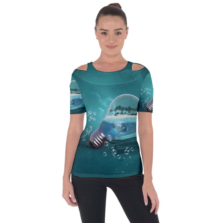 Awesome Light Bulb With Tropical Island Shoulder Cut Out Short Sleeve Top