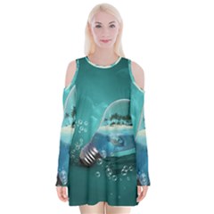 Awesome Light Bulb With Tropical Island Velvet Long Sleeve Shoulder Cutout Dress by FantasyWorld7