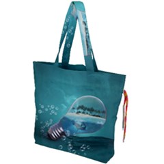 Awesome Light Bulb With Tropical Island Drawstring Tote Bag by FantasyWorld7