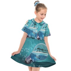 Awesome Light Bulb With Tropical Island Kids  Short Sleeve Shirt Dress by FantasyWorld7