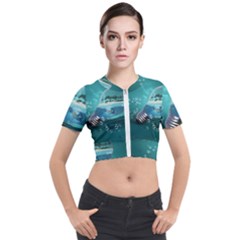 Awesome Light Bulb With Tropical Island Short Sleeve Cropped Jacket by FantasyWorld7