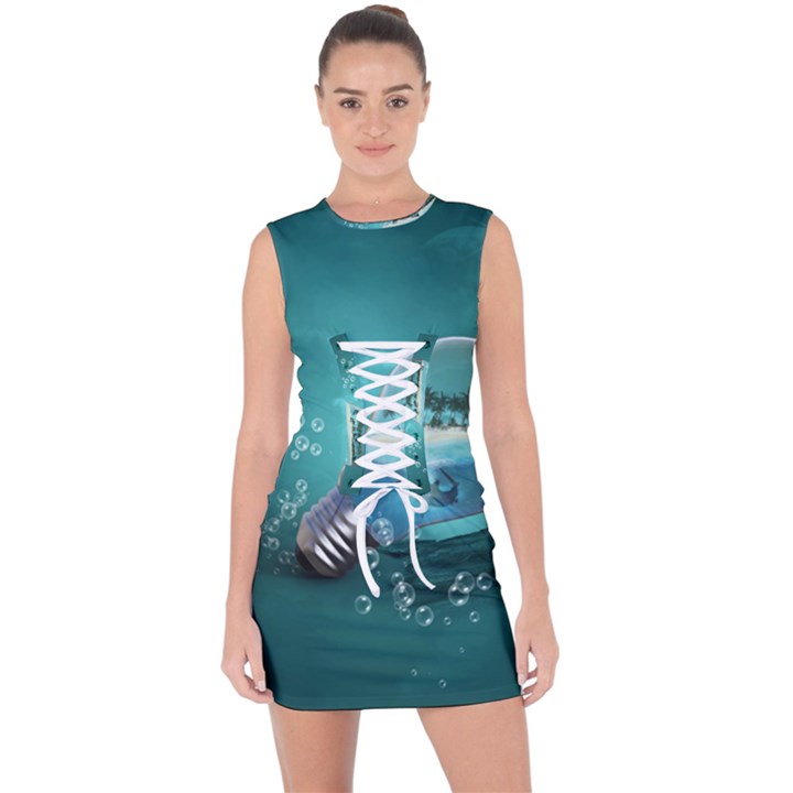 Awesome Light Bulb With Tropical Island Lace Up Front Bodycon Dress