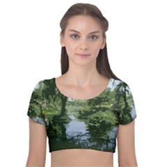 Away From The City Cutout Painted Velvet Short Sleeve Crop Top 