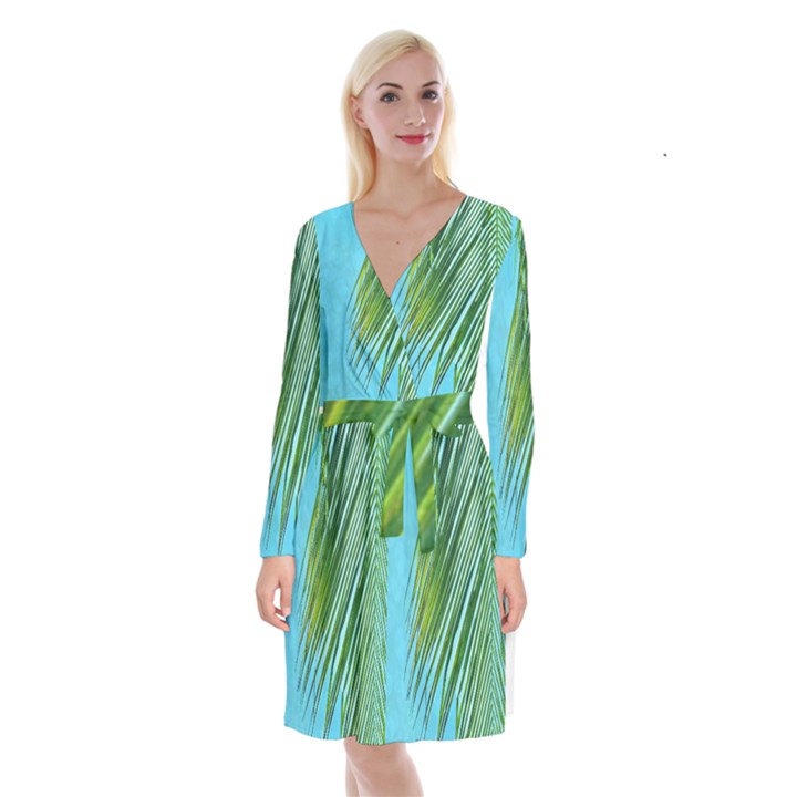 Tropical Palm Long Sleeve Velvet Front Wrap Dress