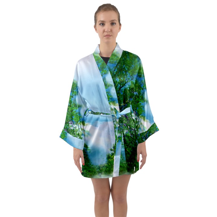 Airbrushed Sky Long Sleeve Satin Kimono