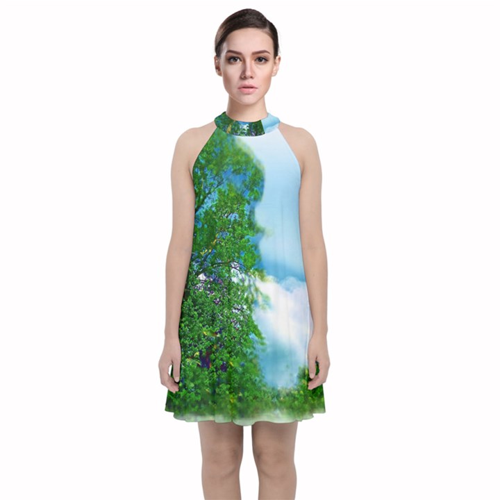 Airbrushed Sky Velvet Halter Neckline Dress 