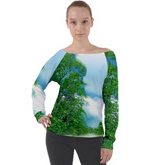 Airbrushed Sky Off Shoulder Long Sleeve Velour Top