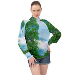 Airbrushed Sky High Neck Long Sleeve Chiffon Top by Fractalsandkaleidoscopes