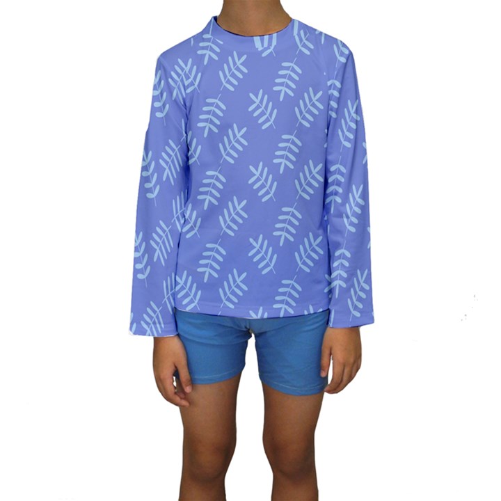 Leaves Ferns Blue Pattern Kids  Long Sleeve Swimwear