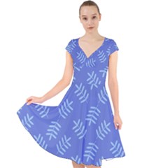 Leaves Ferns Blue Pattern Cap Sleeve Front Wrap Midi Dress by Vaneshart