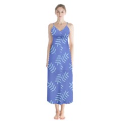 Leaves Ferns Blue Pattern Button Up Chiffon Maxi Dress by Vaneshart