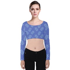 Leaves Ferns Blue Pattern Velvet Long Sleeve Crop Top