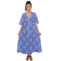 Leaves Ferns Blue Pattern Kimono Sleeve Boho Dress