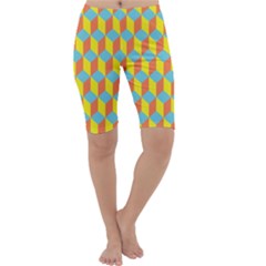 Cube Hexagon Pattern Yellow Blue Cropped Leggings  by Vaneshart