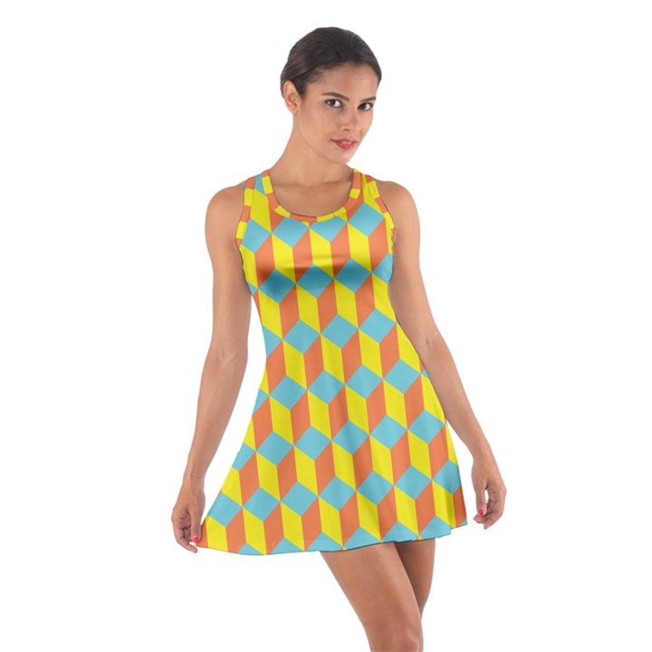 Cube Hexagon Pattern Yellow Blue Cotton Racerback Dress