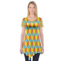 Cube Hexagon Pattern Yellow Blue Short Sleeve Tunic  by Vaneshart