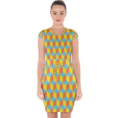 Cube Hexagon Pattern Yellow Blue Capsleeve Drawstring Dress  by Vaneshart