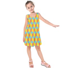 Cube Hexagon Pattern Yellow Blue Kids  Sleeveless Dress by Vaneshart