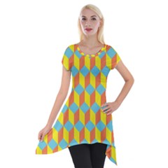 Cube Hexagon Pattern Yellow Blue Short Sleeve Side Drop Tunic by Vaneshart