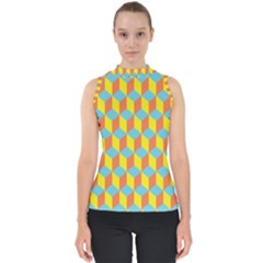 Cube Hexagon Pattern Yellow Blue Mock Neck Shell Top by Vaneshart