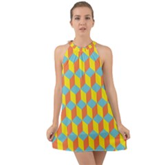 Cube Hexagon Pattern Yellow Blue Halter Tie Back Chiffon Dress by Vaneshart