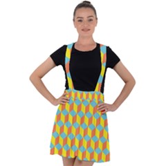 Cube Hexagon Pattern Yellow Blue Velvet Suspender Skater Skirt