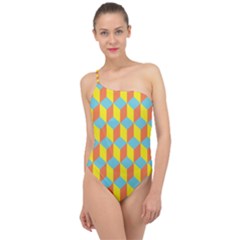 Cube Hexagon Pattern Yellow Blue Classic One Shoulder Swimsuit by Vaneshart